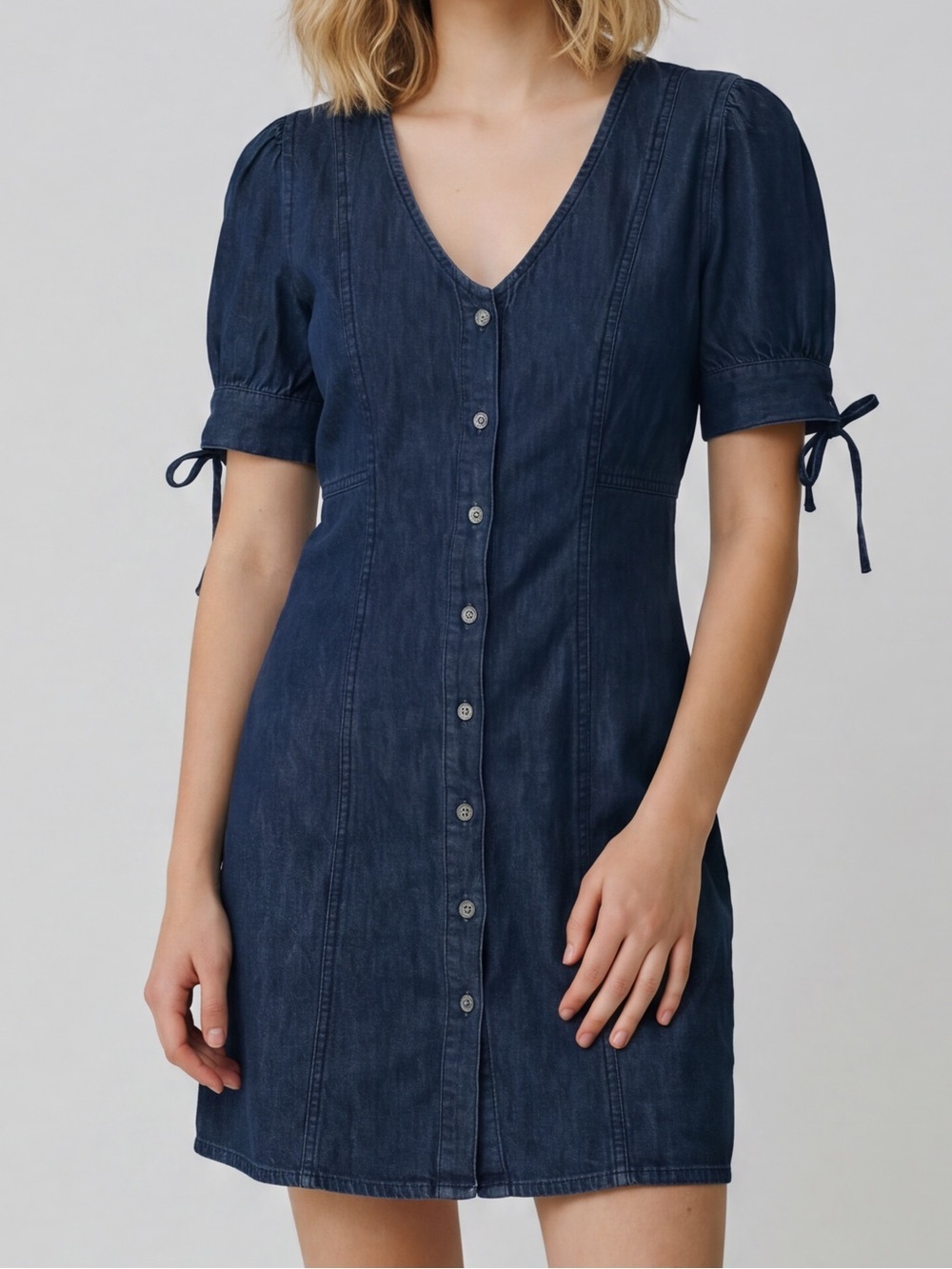 Sim & Sam Short puff Sleeve w/ Bows Button-Front Denim Dress coquette western